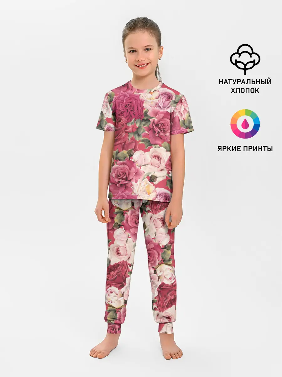 Детская пижама с брюками / Акварель, розы
