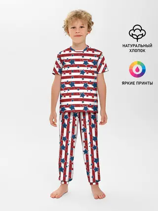 Детская пижама с брюками / Синие звезды на полосатом фоне