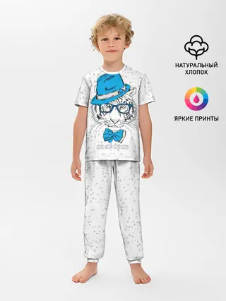 Детская пижама с брюками / Белый тигр в синей шляпе