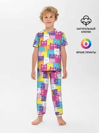 Детская пижама с брюками / Разноцветные котики
