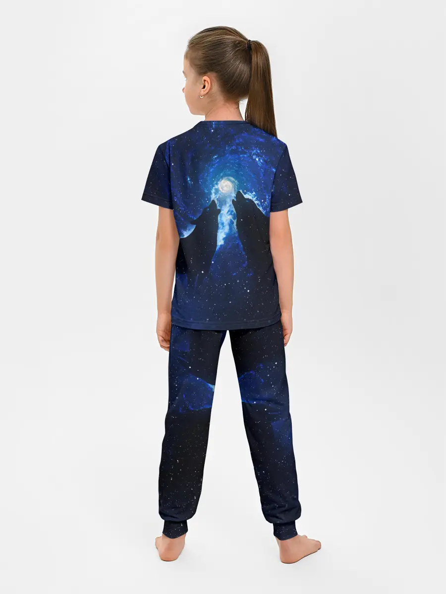 Детская пижама с брюками / Волки силуэты звездное небо