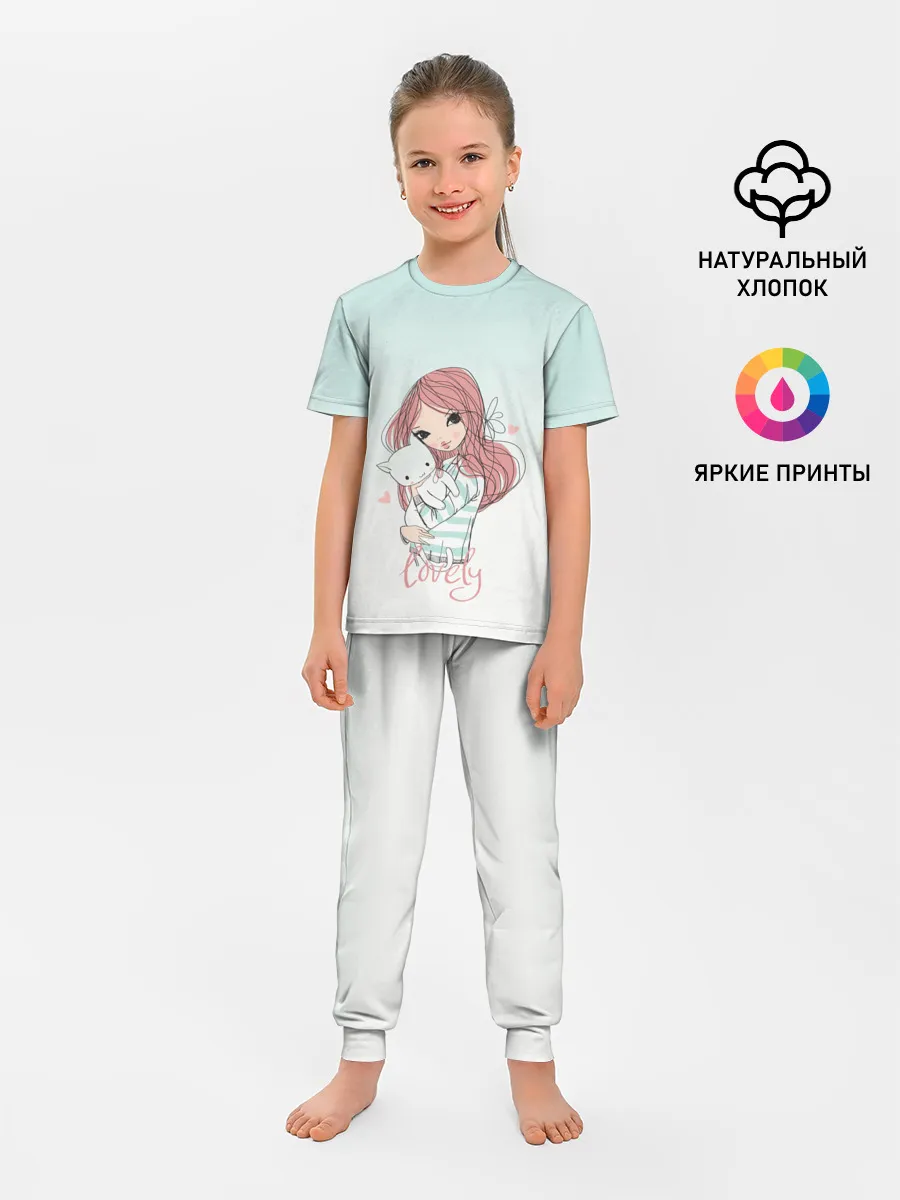 Детская пижама с брюками / Девочка и любимый кот арт