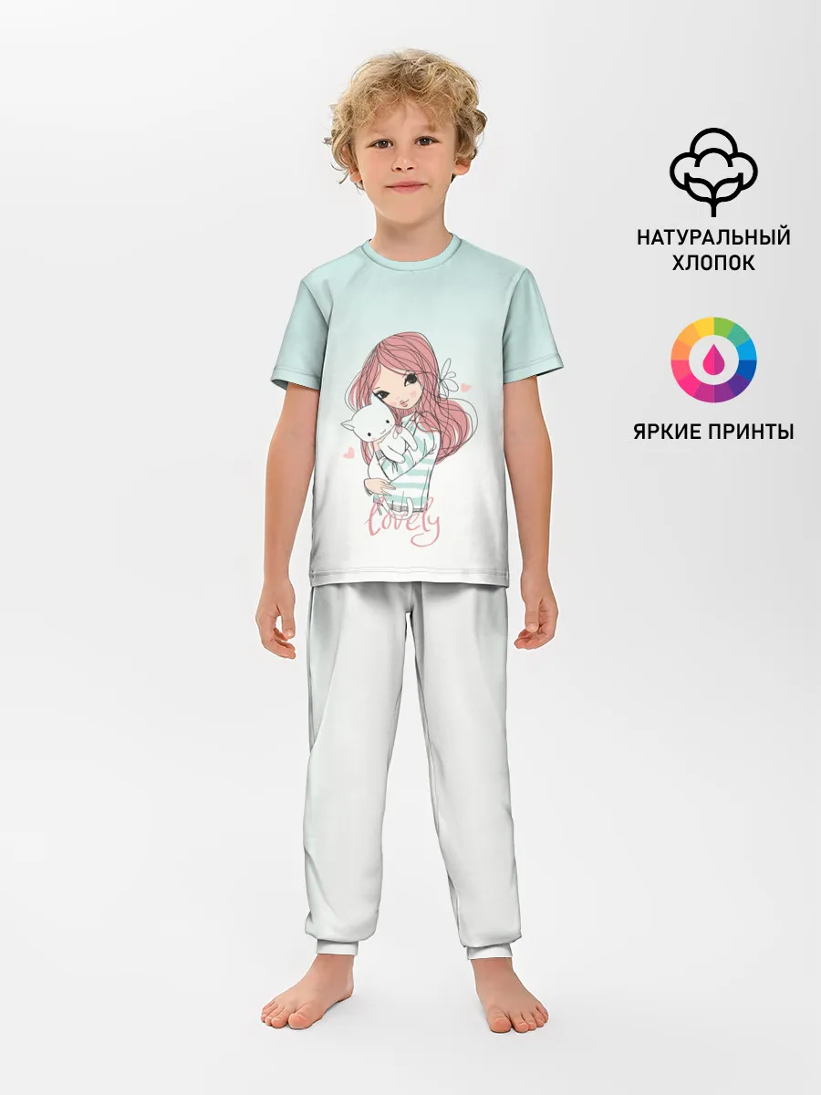 Детская пижама с брюками / Девочка и любимый кот арт