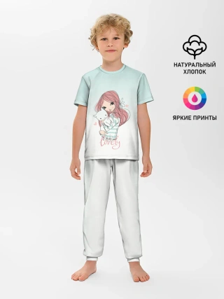 Детская пижама с брюками / Девочка и любимый кот арт