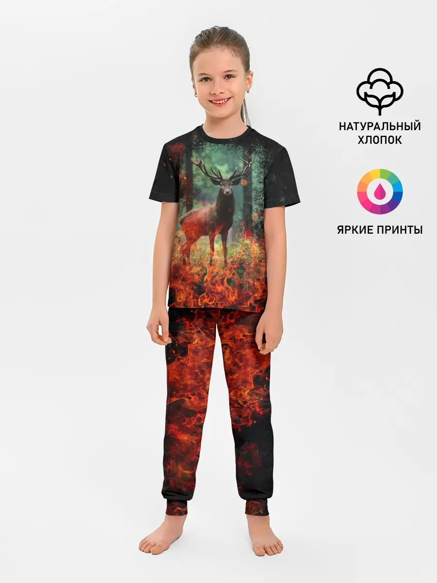 Детская пижама с брюками / Олень в горящем лесу Сибири