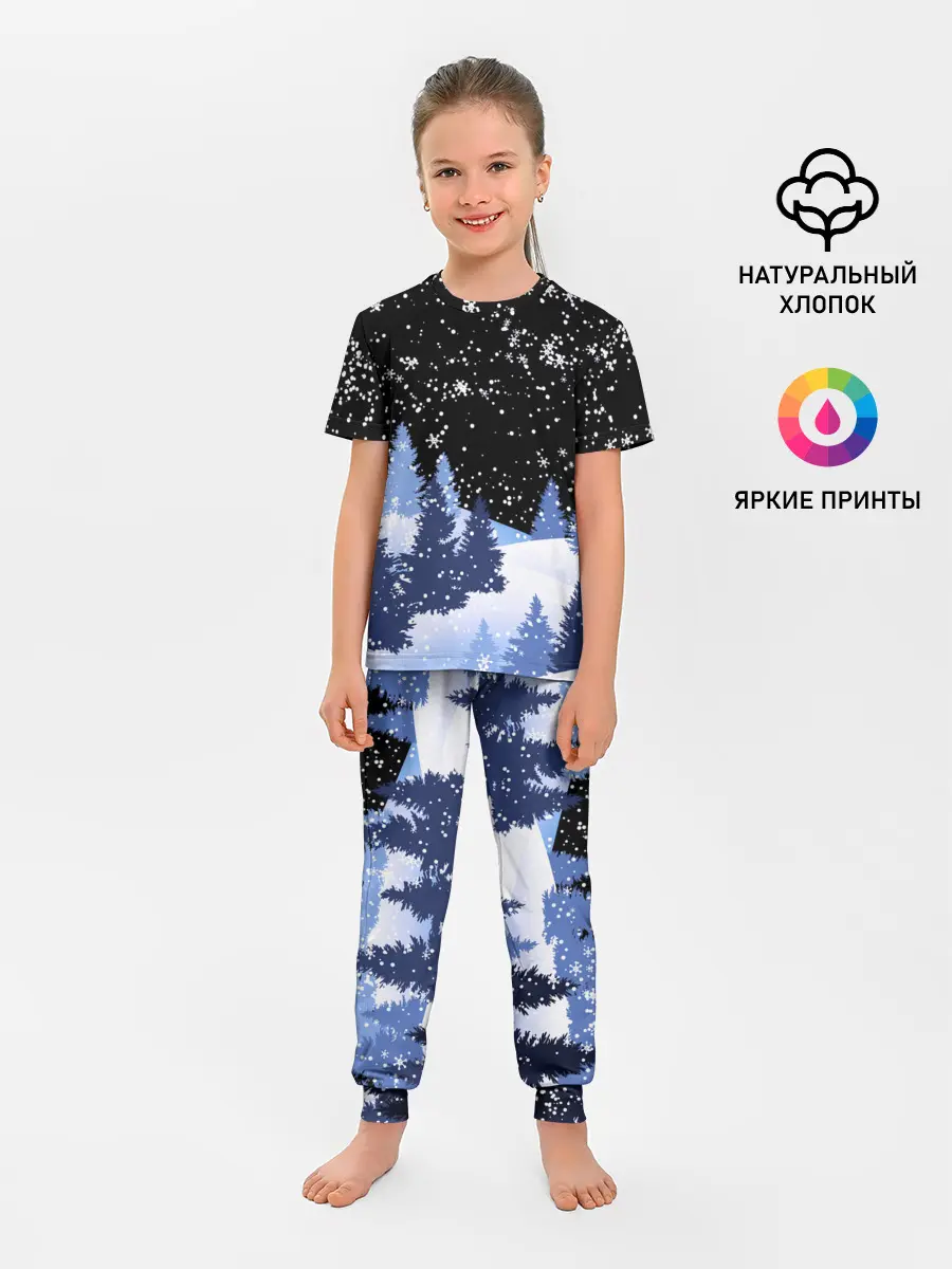 Детская пижама с брюками / Снежная ночь в зимнем лесу