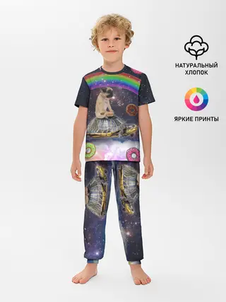 Детская пижама с брюками / Мопс на черепахе в космосе