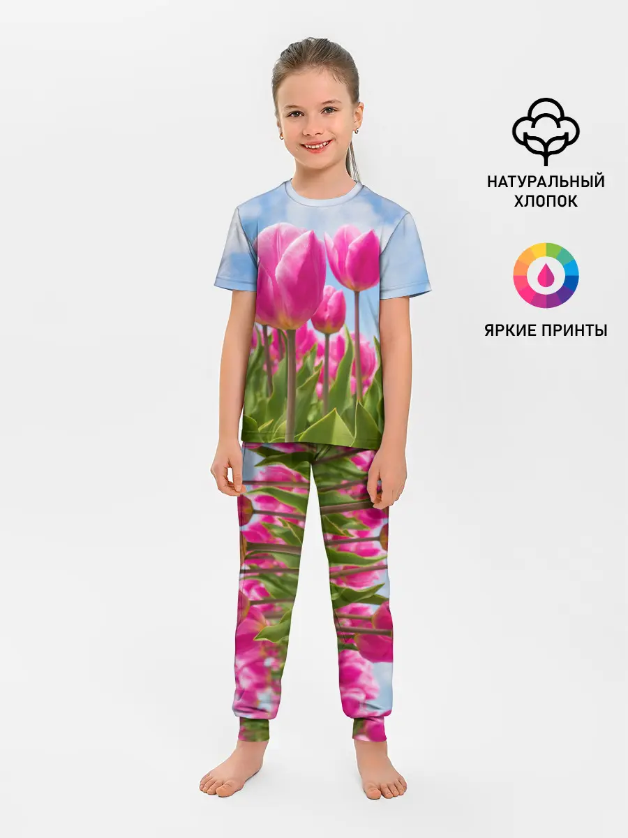 Детская пижама с брюками / Розовые тюльпаны