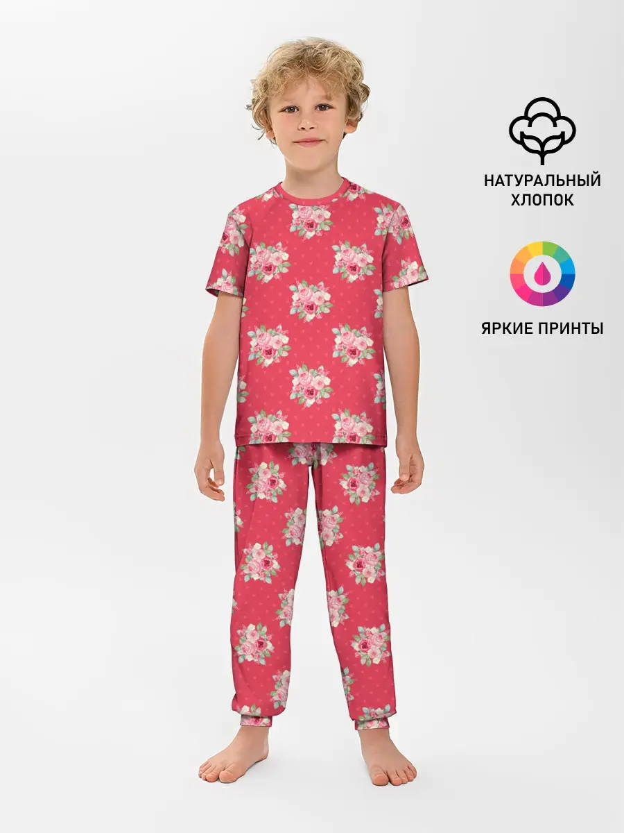 Детская пижама с брюками / Красные цветы розы