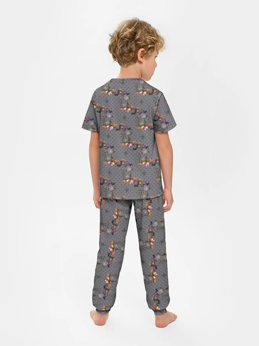 Детская пижама с брюками / Кот с тыквой хэллоуин