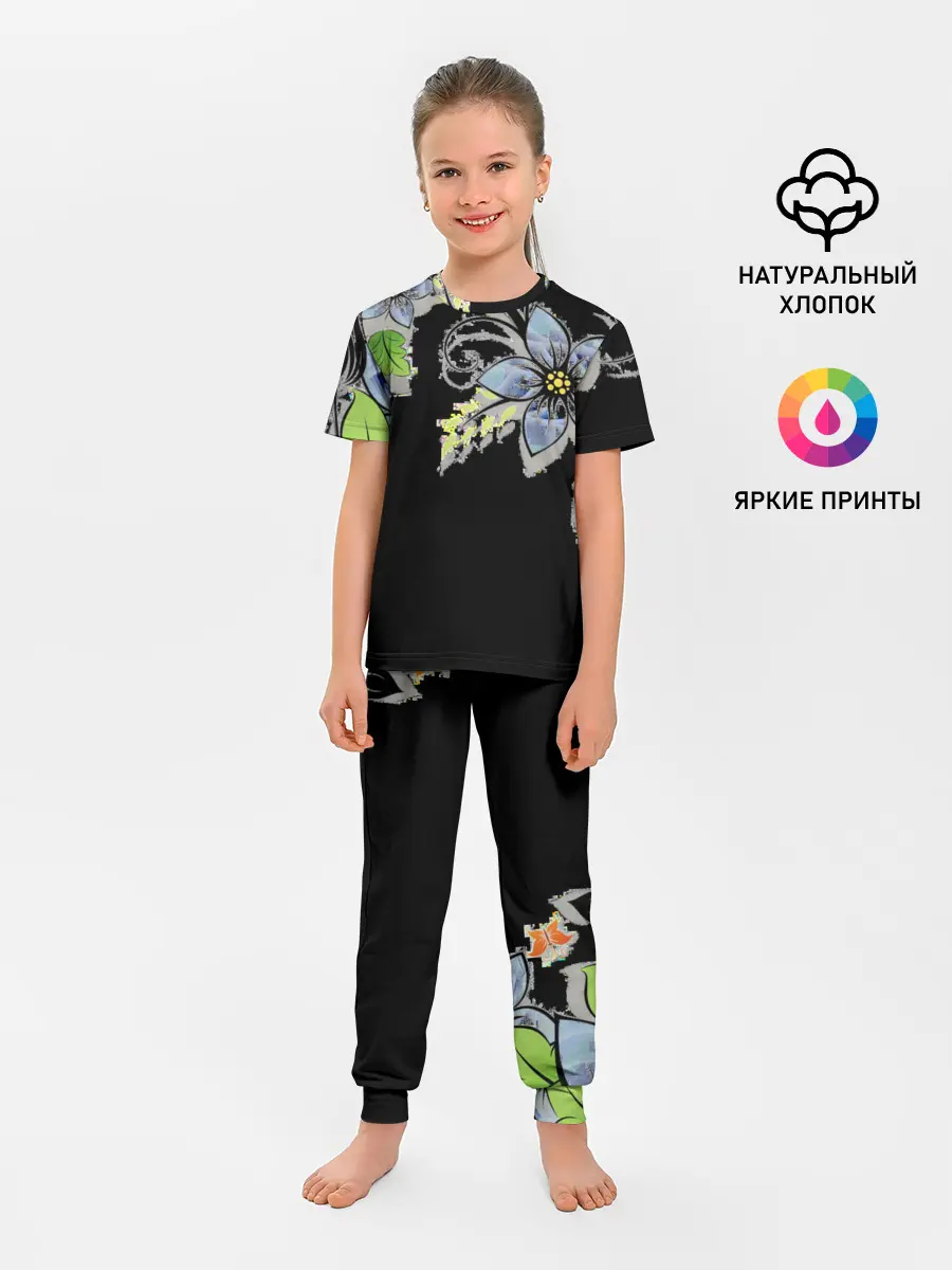 Детская пижама с брюками / Цветочная композиция с бабочками