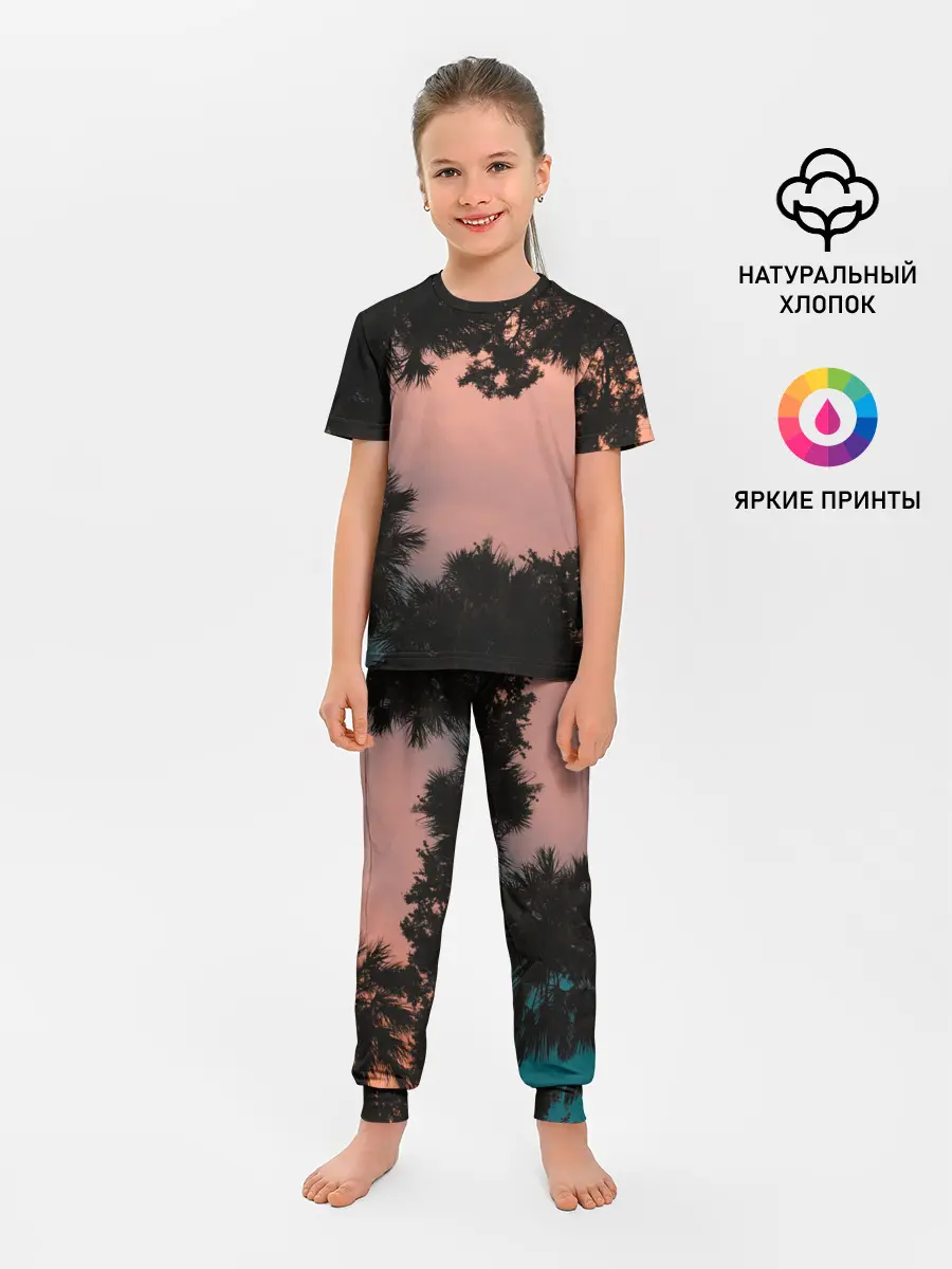 Детская пижама с брюками / Пальмы вид снизу закат
