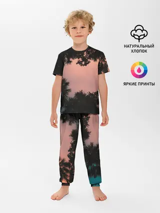 Детская пижама с брюками / Пальмы вид снизу закат