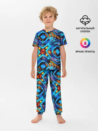 Детская пижама с брюками / Желто-синий абстрактный узор