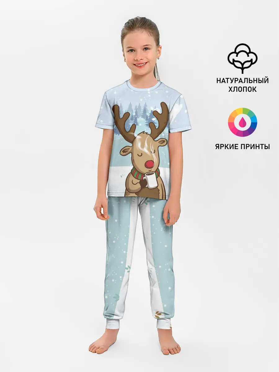 Детская пижама с брюками / Олень с кружкой