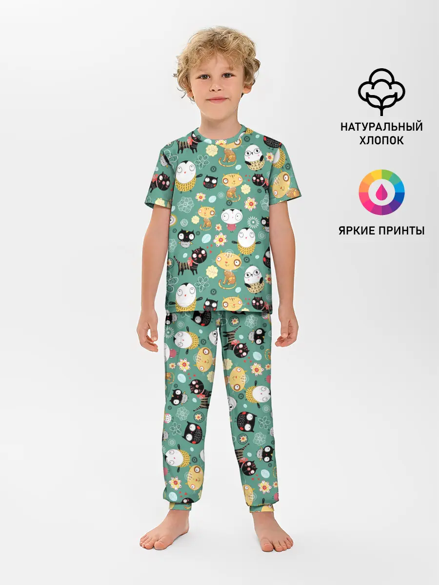 Детская пижама с брюками / Совы и котики
