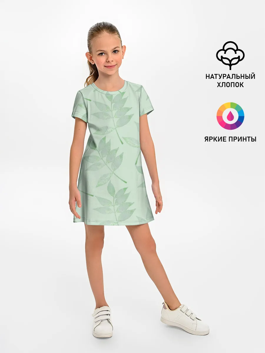 Детское платье / Зеленые листья на светло зеленом
