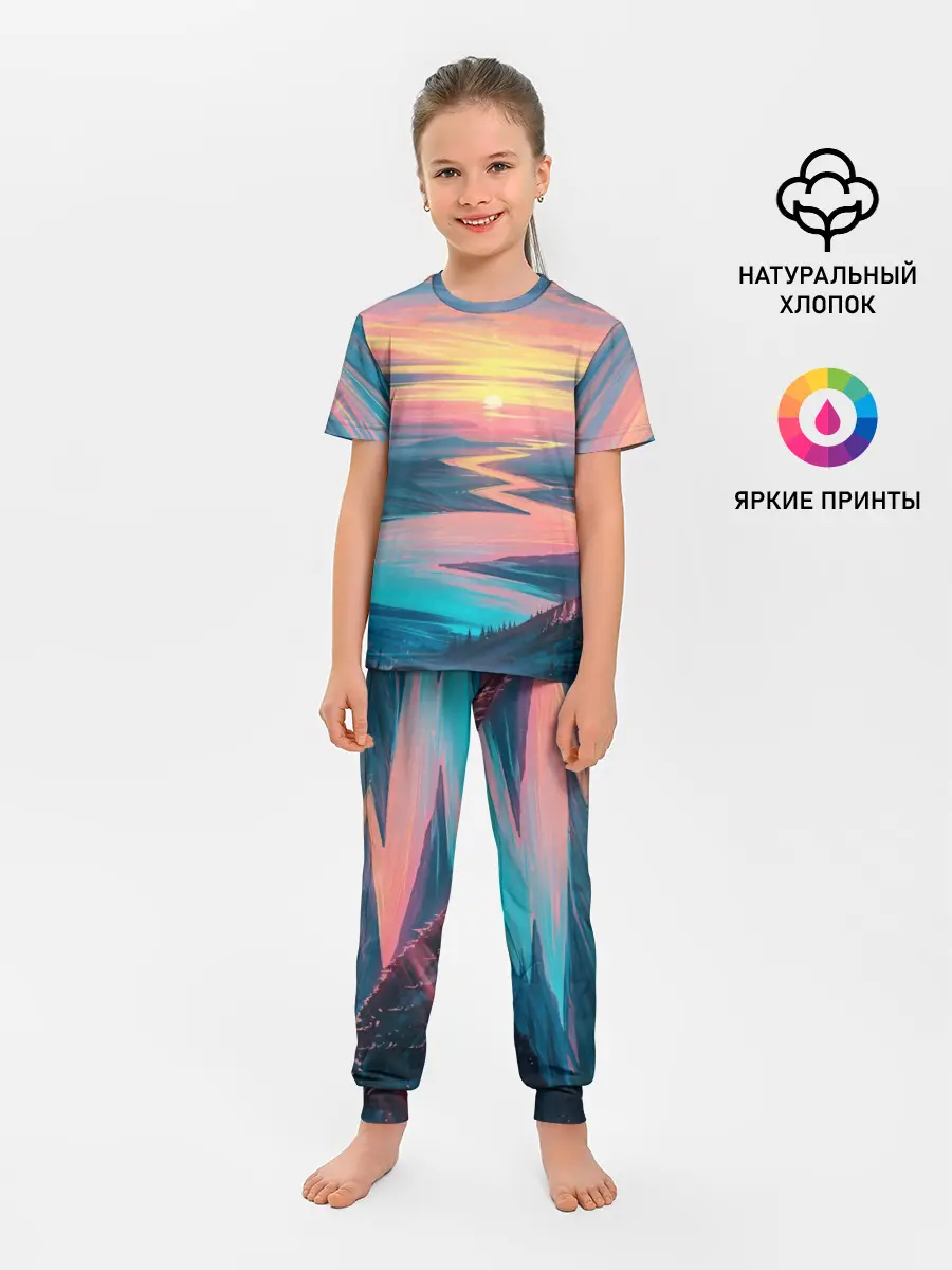 Детская пижама с брюками / Извилистая река закат природа