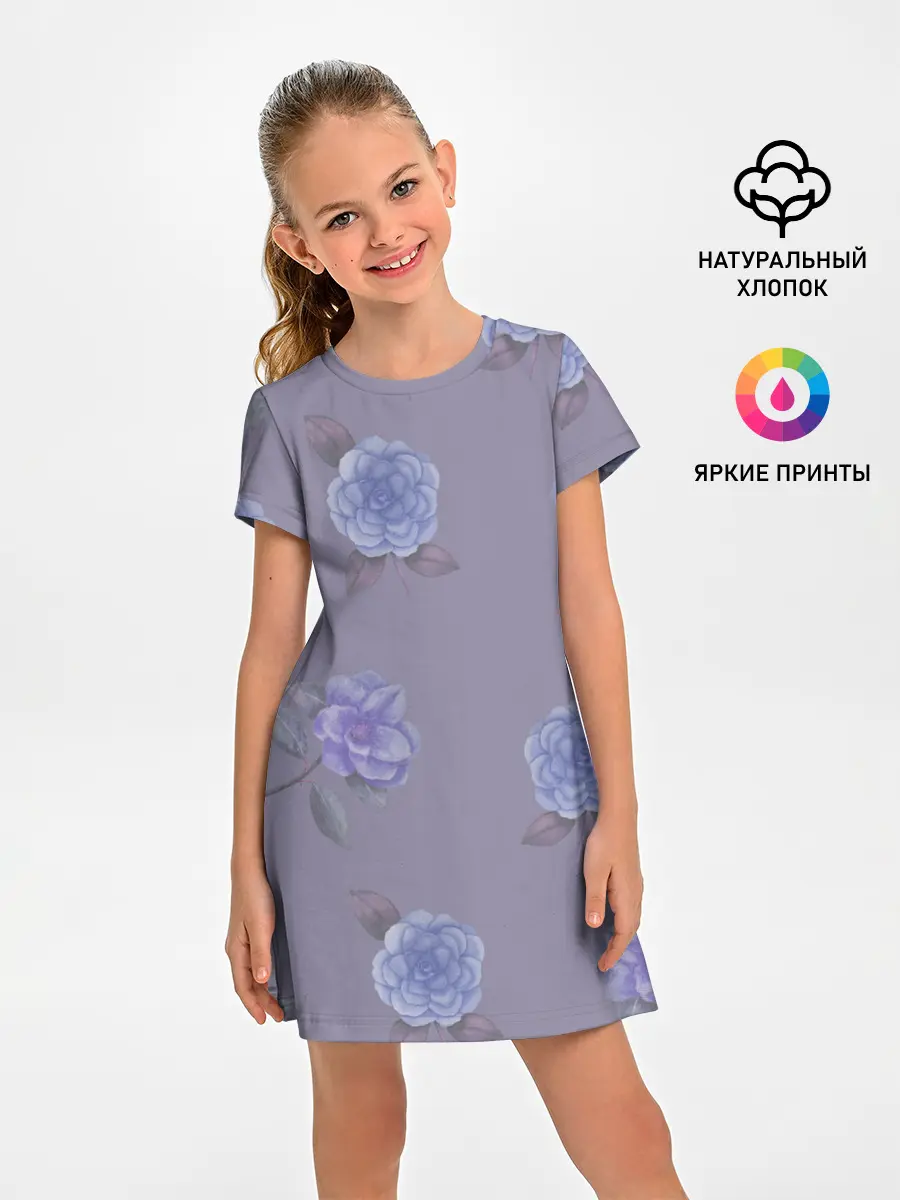 Детское платье / Голубые камелии на сером