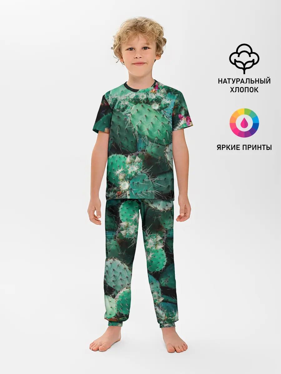 Детская пижама с брюками / кактусы с цветами реализм