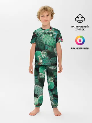 Детская пижама с брюками / кактусы с цветами реализм