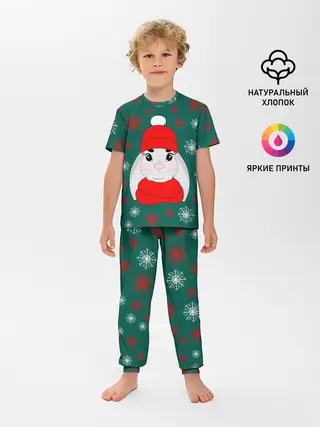 Детская пижама с брюками / зимний кролик и снежинки