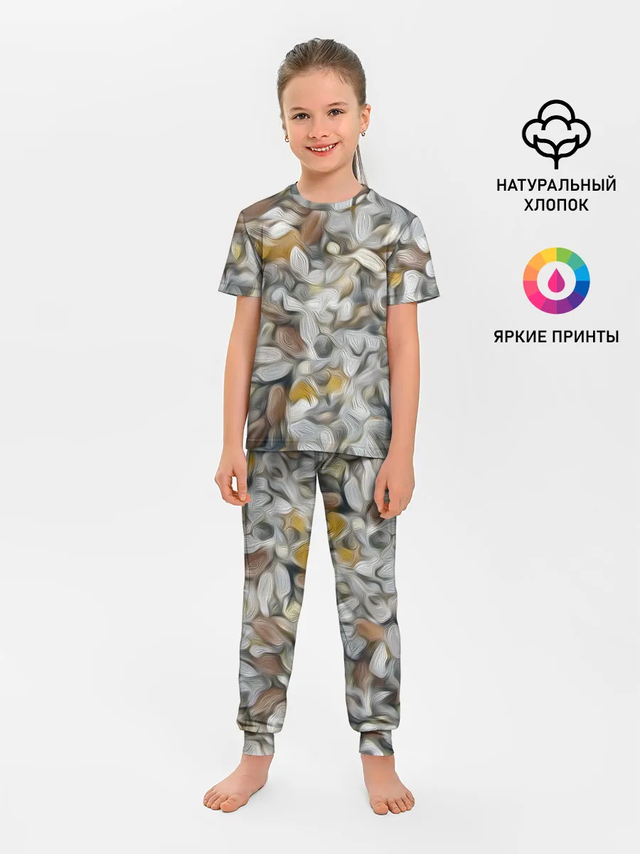 Детская пижама с брюками / желто-серый каменный узор