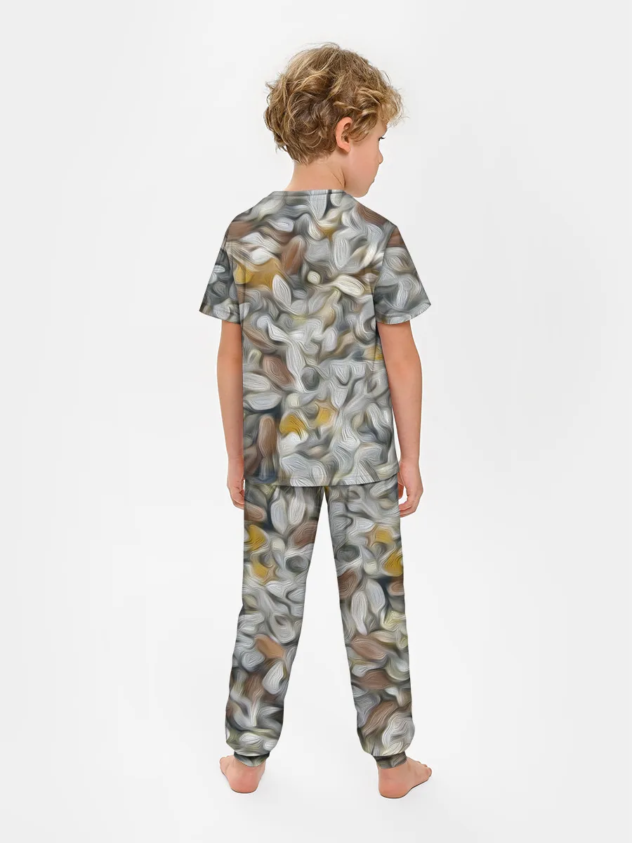 Детская пижама с брюками / желто-серый каменный узор