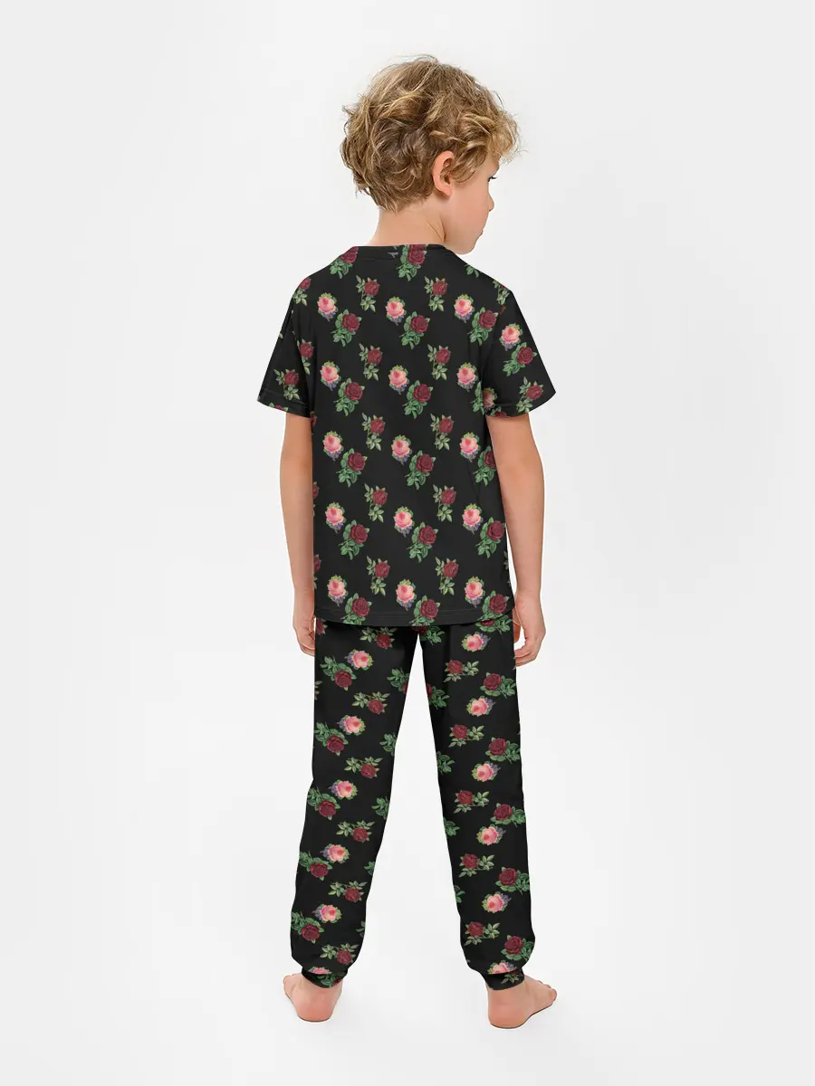 Детская пижама с брюками / принт розы черный фон