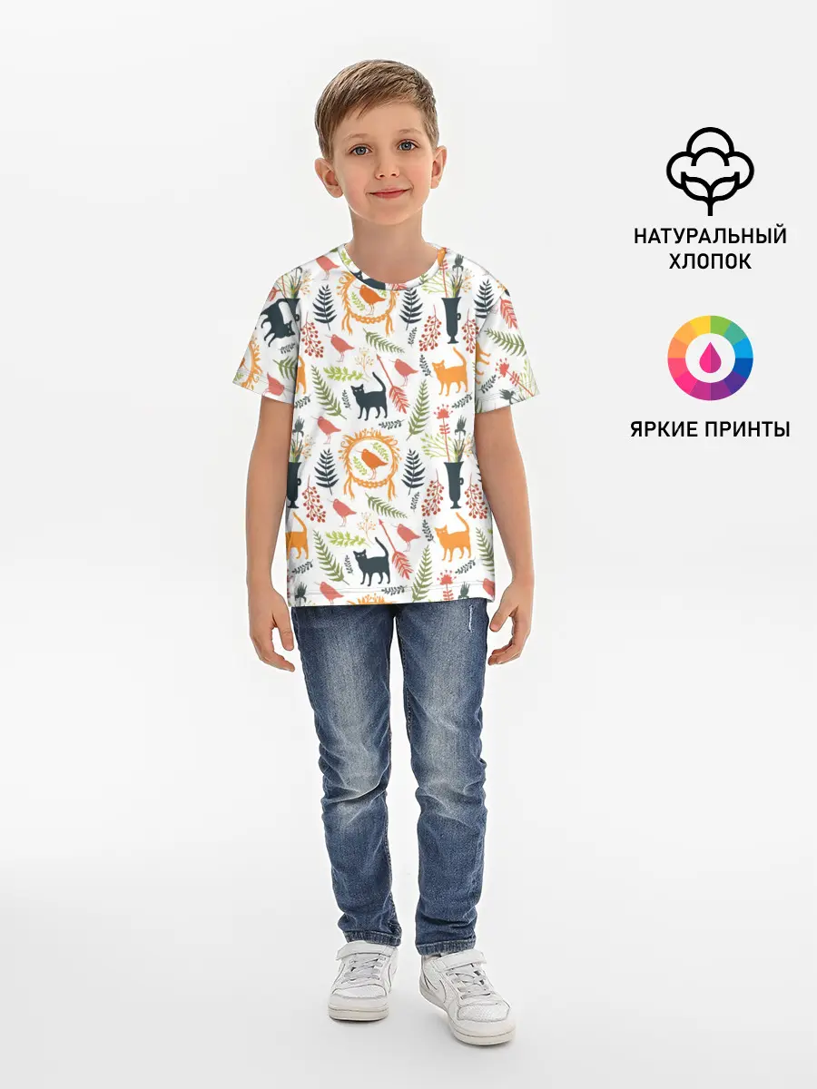 Детская базовая футболка / О кошках и птичках