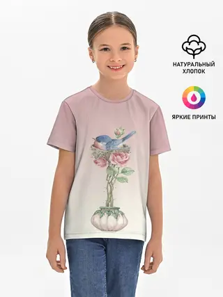Детская базовая футболка / Птичка в гнезде роза