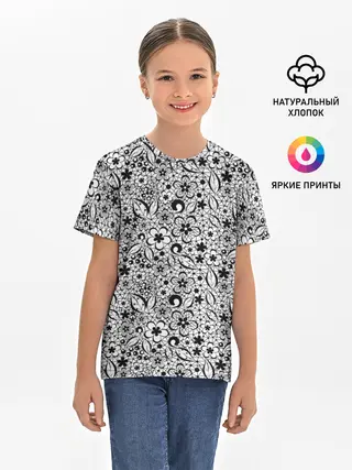 Детская базовая футболка / Черное кружево цветочное