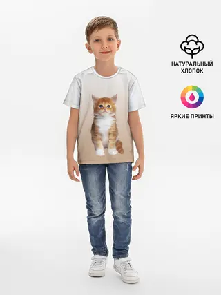 Детская базовая футболка / бело-рыжий котенок реализм