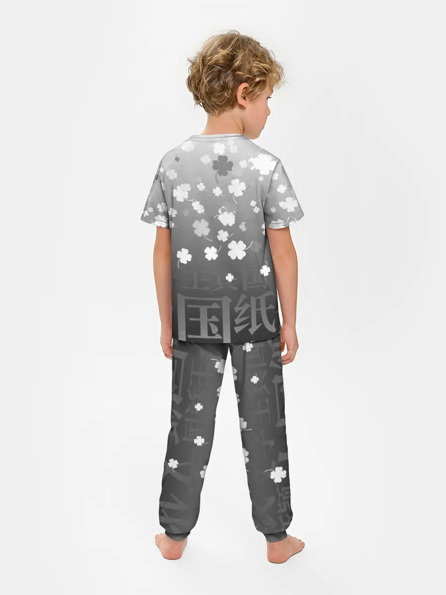 Детская пижама с брюками / Черный логотип Клевера на сером градиенте