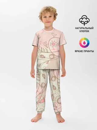 Детская пижама с брюками / Летний узор цветы птичка