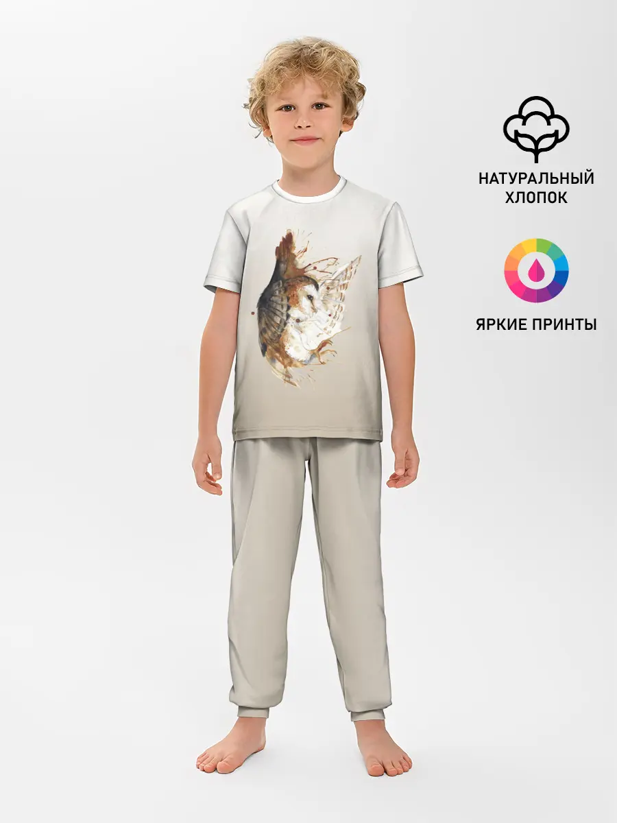 Детская пижама с брюками / летящая сова рисунок