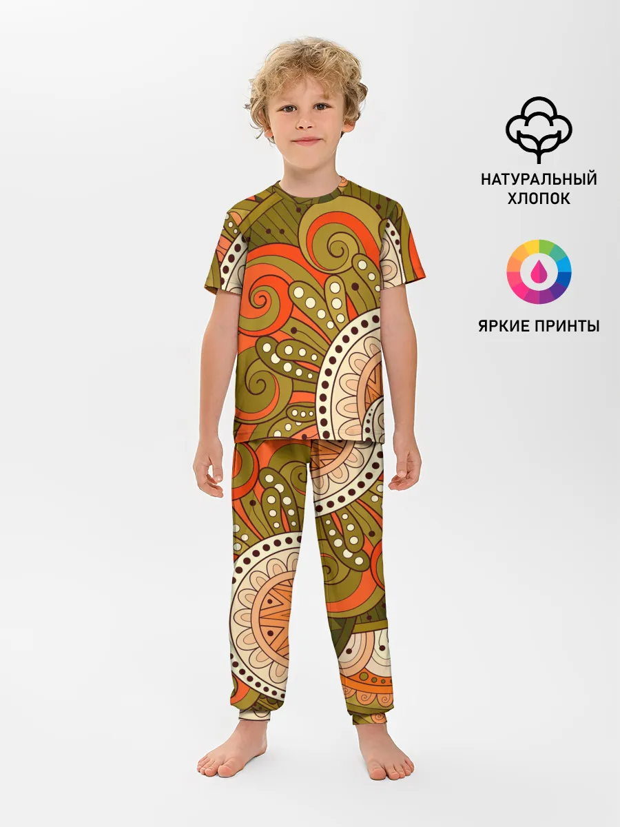 Детская пижама с брюками / Детский оранжево-болотный