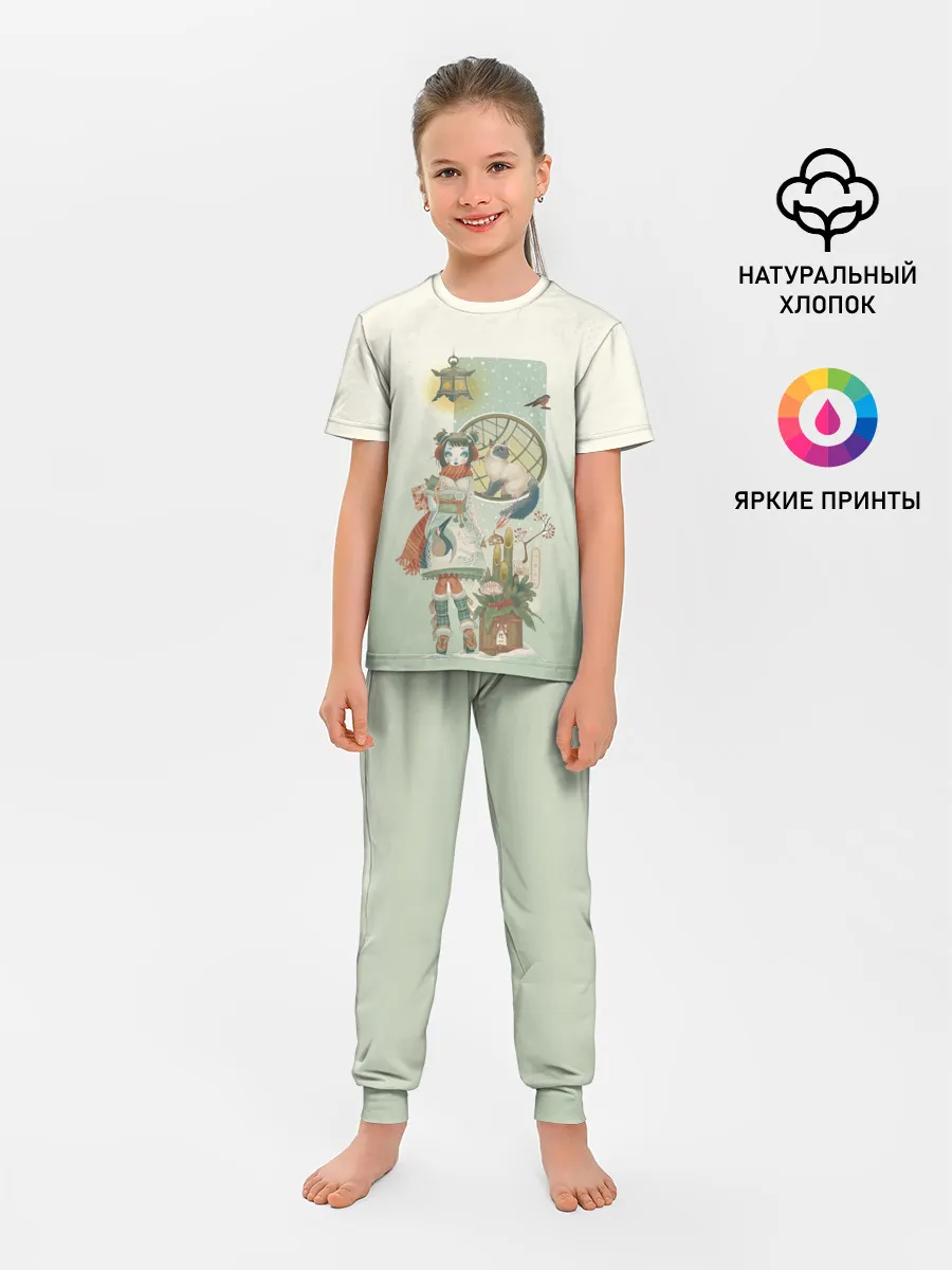 Детская пижама с брюками / девушка кимоно зима Япония кот