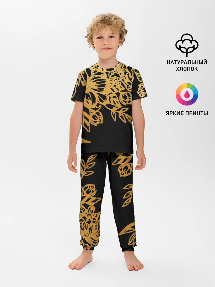 Детская пижама с брюками / Золотые цветы на белом
