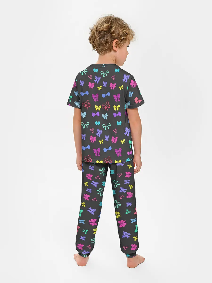 Детская пижама с брюками / банты радужные на темно-сером