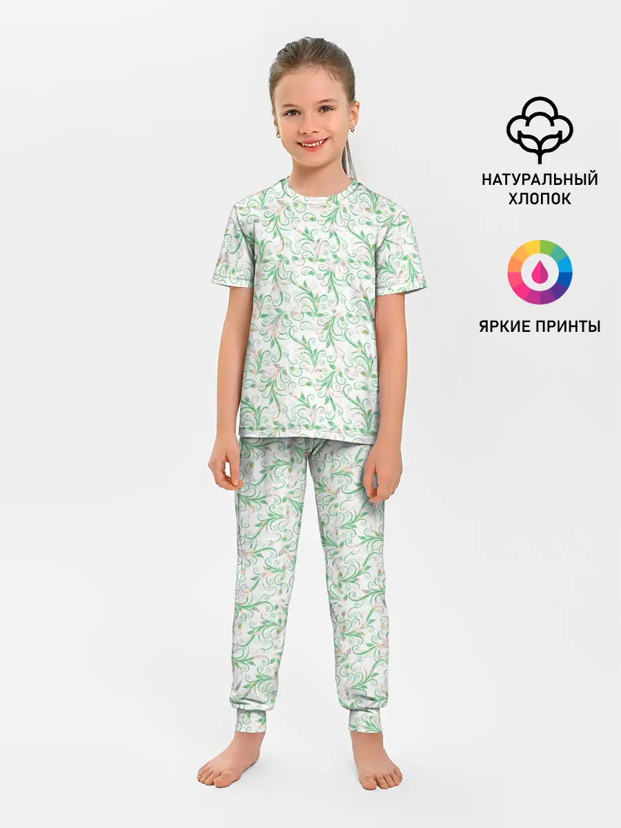 Детская пижама с брюками / Весенние узоры из листьев