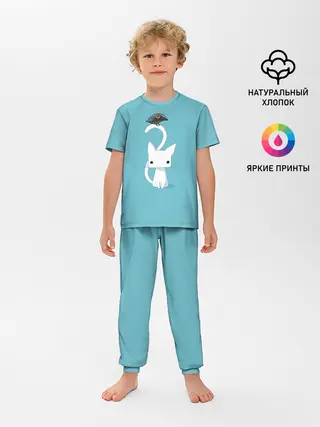 Детская пижама с брюками / Белый котик и воробушек