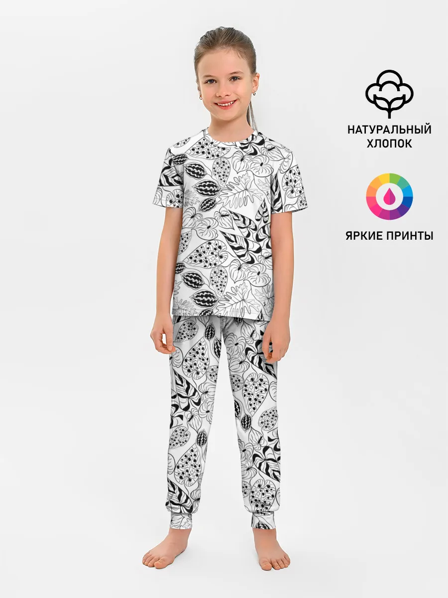 Детская пижама с брюками / Черно-белый узор Тропики