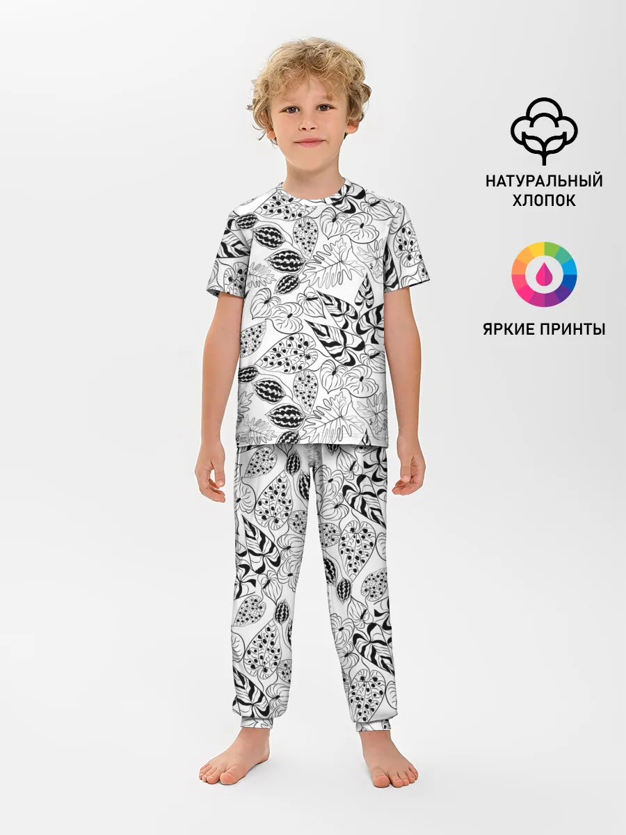 Детская пижама с брюками / Черно-белый узор Тропики