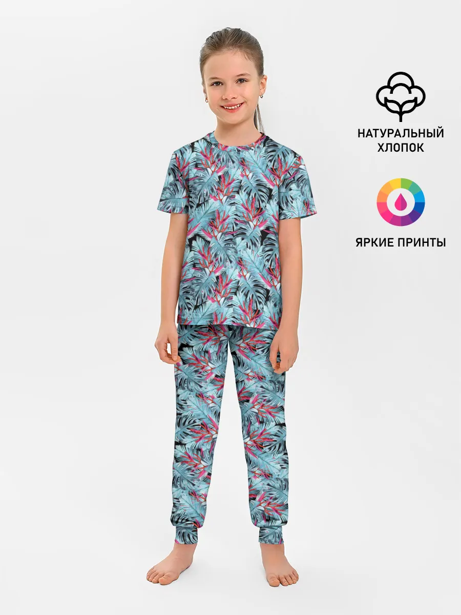 Детская пижама с брюками / Розово-голубой тропический