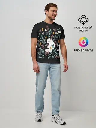 Мужская базовая футболка / Кошечка среди цветов