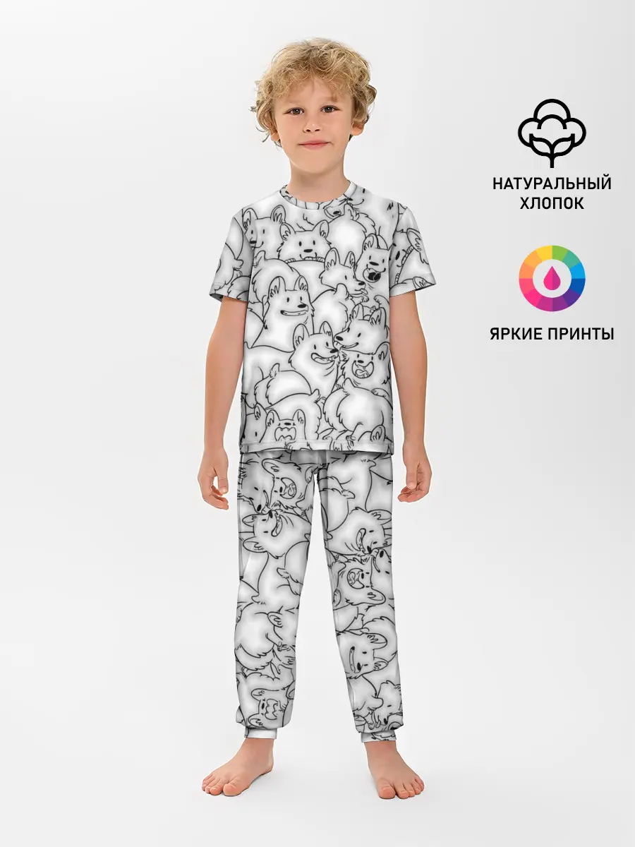 Детская пижама с брюками / Корги ЧБ