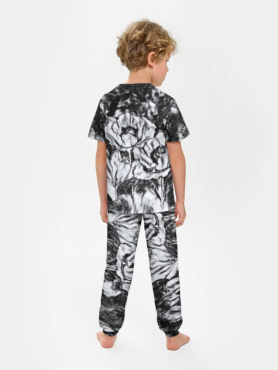 Детская пижама с брюками / Черно-белый узор. Маки.
