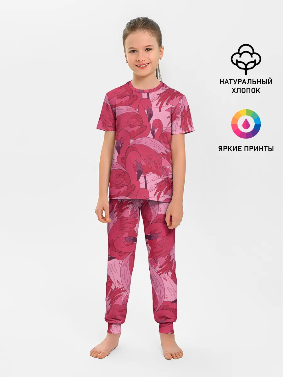 Детская пижама с брюками / розовые фламинго