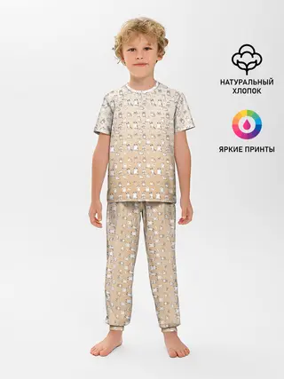 Детская пижама с брюками / много котиков узор